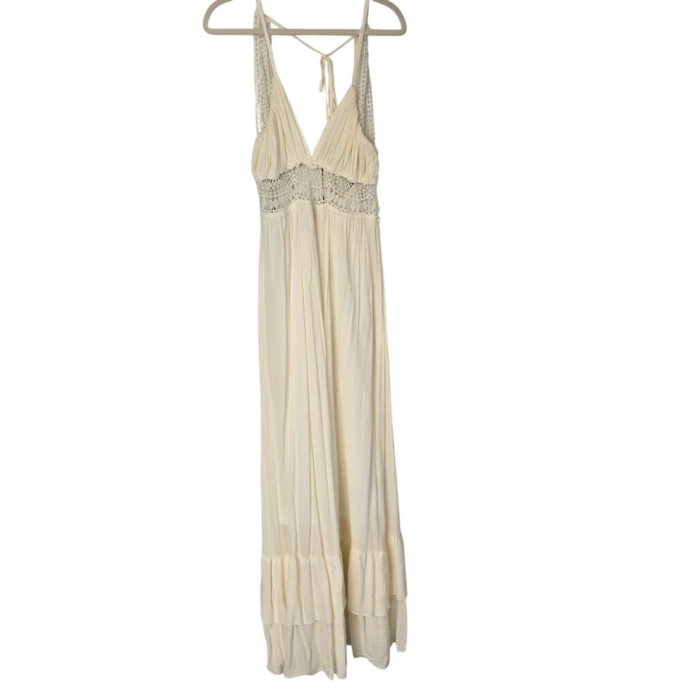 Cream Boho Lace Cutout Maxi Dress Crochet Waist Ruffle Hem Festival Ready Size M